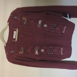 NWT Lucky Brand Mauve Button Front Sweater with Floral Embroidered Detail -SizeM